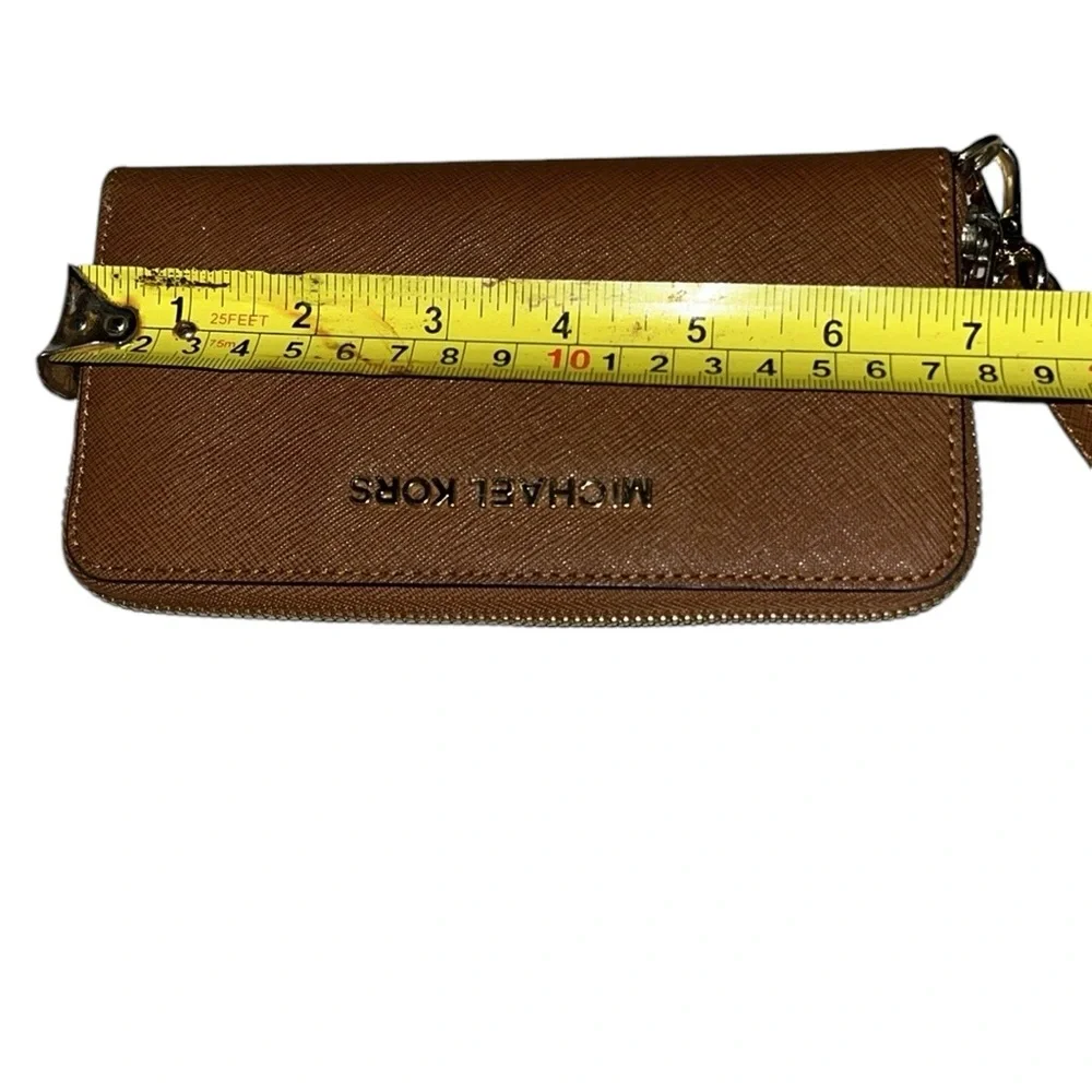 Micheal Kors brown saffiano leather wristlet phone wallet , card case